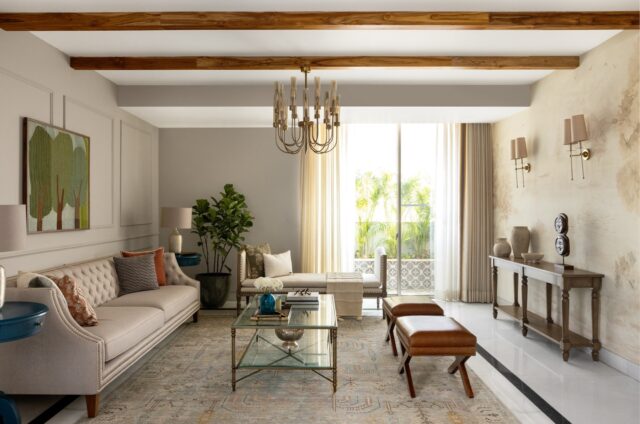 Landscapes from the Quiet Ornate - the large living dining spaces sit side by side with the cozy lounge space tucked away next to the dining. 

The color palette of greens and dusty rose tones blended with soft sepia toned walls creates a rich layered feel. 
Tucking away the lounge space and defining a deeper tone with an arch brings in depth to the space and makes for a cozy addition.

📷 @lokesh.dang